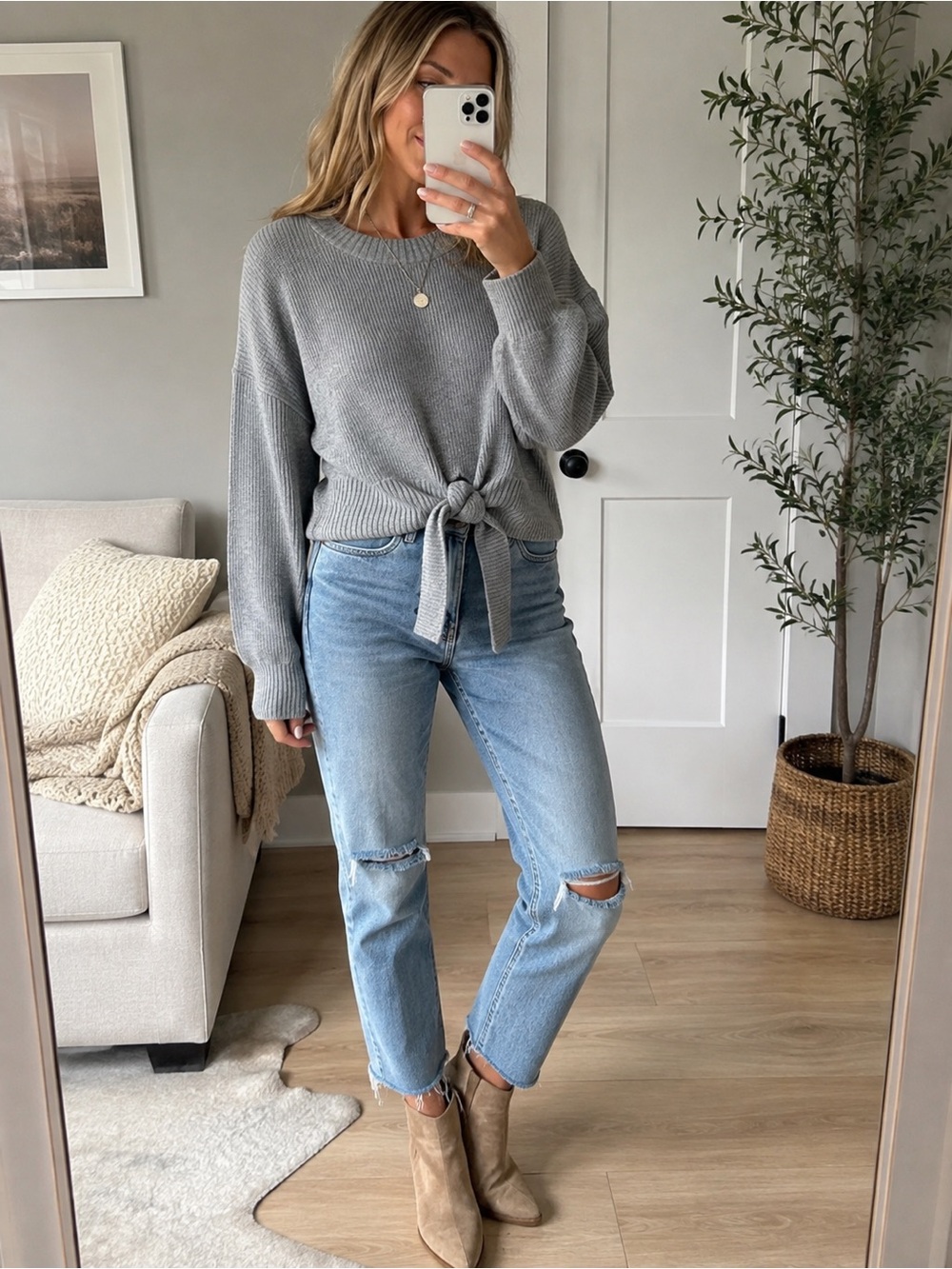 Gray Tie Front Women's Sweater